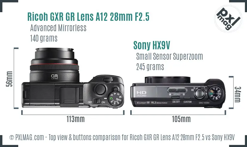 Ricoh GXR GR Lens A12 28mm F2.5 vs Sony HX9V top view buttons comparison