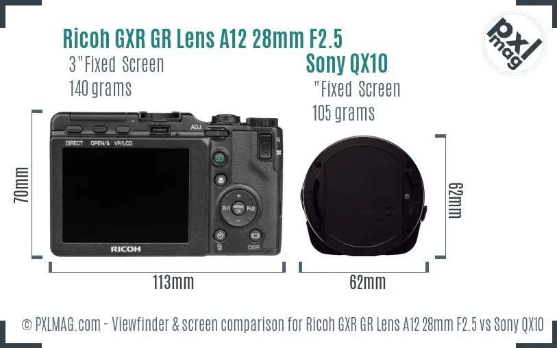 Ricoh GXR GR Lens A12 28mm F2.5 vs Sony QX10 Screen and Viewfinder comparison