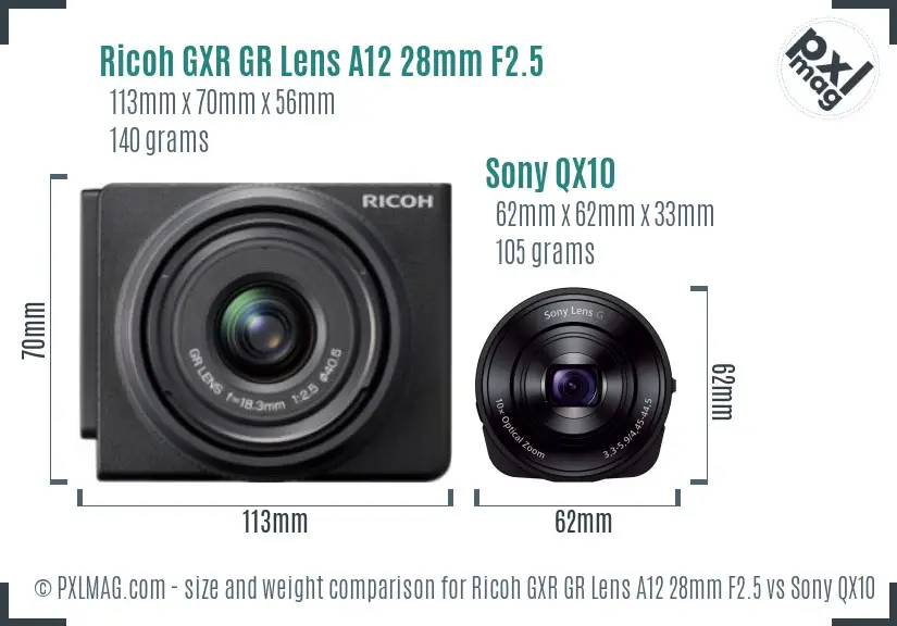 Ricoh GXR GR Lens A12 28mm F2.5 vs Sony QX10 size comparison