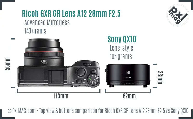 Ricoh GXR GR Lens A12 28mm F2.5 vs Sony QX10 top view buttons comparison