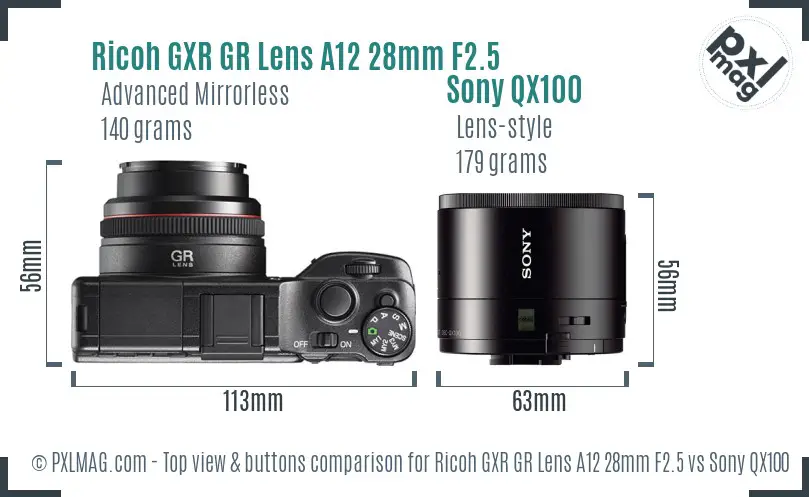 Ricoh GXR GR Lens A12 28mm F2.5 vs Sony QX100 top view buttons comparison Ricoh GXR GR Lens A12 28mm F2.5 vs Sony QX100 top view buttons comparison