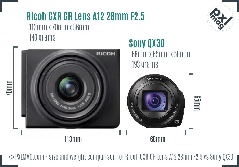 Ricoh GXR GR Lens A12 28mm F2.5 vs Sony QX30 size comparison Ricoh GXR GR Lens A12 28mm F2.5 vs Sony QX30 size comparison