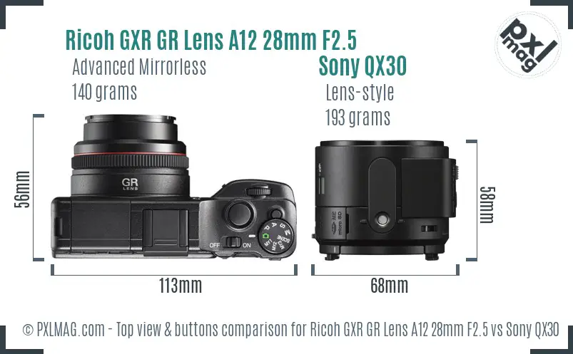 Ricoh GXR GR Lens A12 28mm F2.5 vs Sony QX30 top view buttons comparison Ricoh GXR GR Lens A12 28mm F2.5 vs Sony QX30 top view buttons comparison