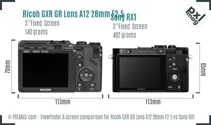 Ricoh GXR GR Lens A12 28mm F2.5 vs Sony RX1 Screen and Viewfinder comparison