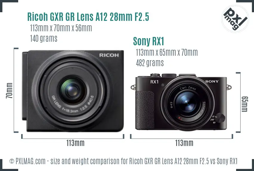 Ricoh GXR GR Lens A12 28mm F2.5 vs Sony RX1 size comparison