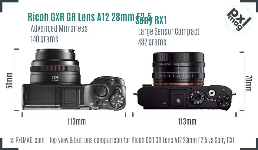 Ricoh GXR GR Lens A12 28mm F2.5 vs Sony RX1 top view buttons comparison