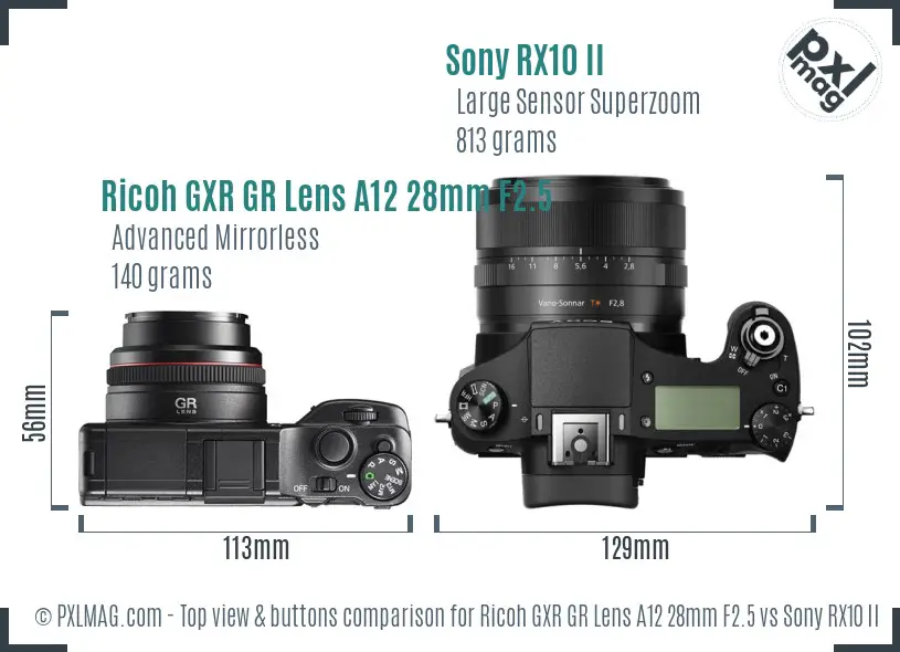 Ricoh GXR GR Lens A12 28mm F2.5 vs Sony RX10 II top view buttons comparison