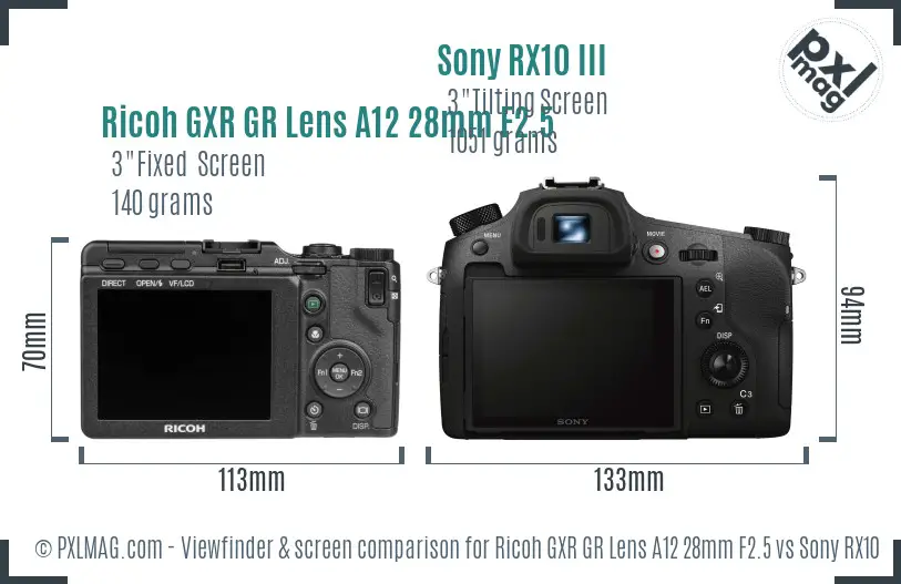 Ricoh GXR GR Lens A12 28mm F2.5 vs Sony RX10 III Screen and Viewfinder comparison