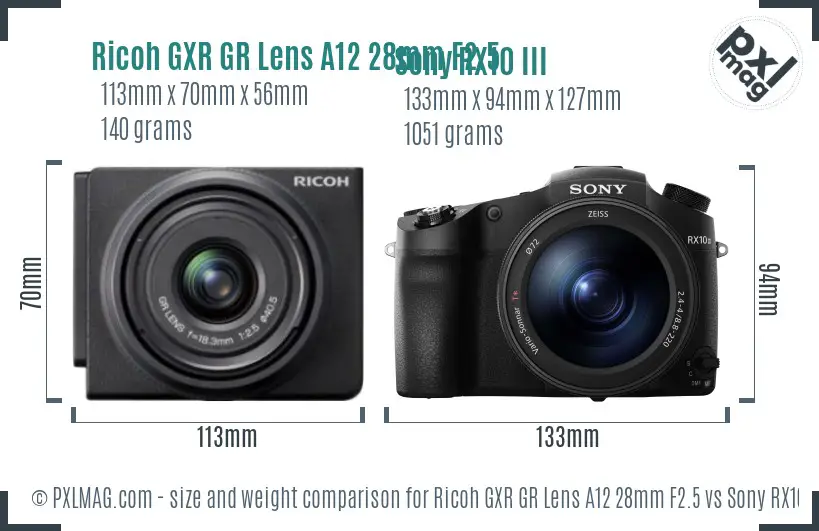 Ricoh GXR GR Lens A12 28mm F2.5 vs Sony RX10 III size comparison