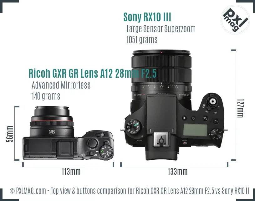 Ricoh GXR GR Lens A12 28mm F2.5 vs Sony RX10 III top view buttons comparison