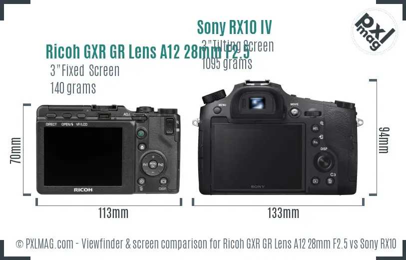 Ricoh GXR GR Lens A12 28mm F2.5 vs Sony RX10 IV Screen and Viewfinder comparison