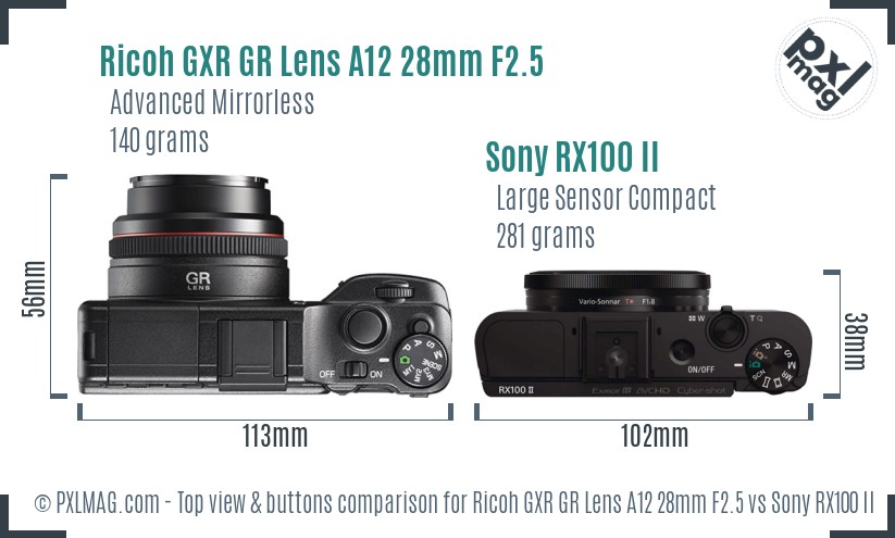 Ricoh GXR GR Lens A12 28mm F2.5 vs Sony RX100 II top view buttons comparison