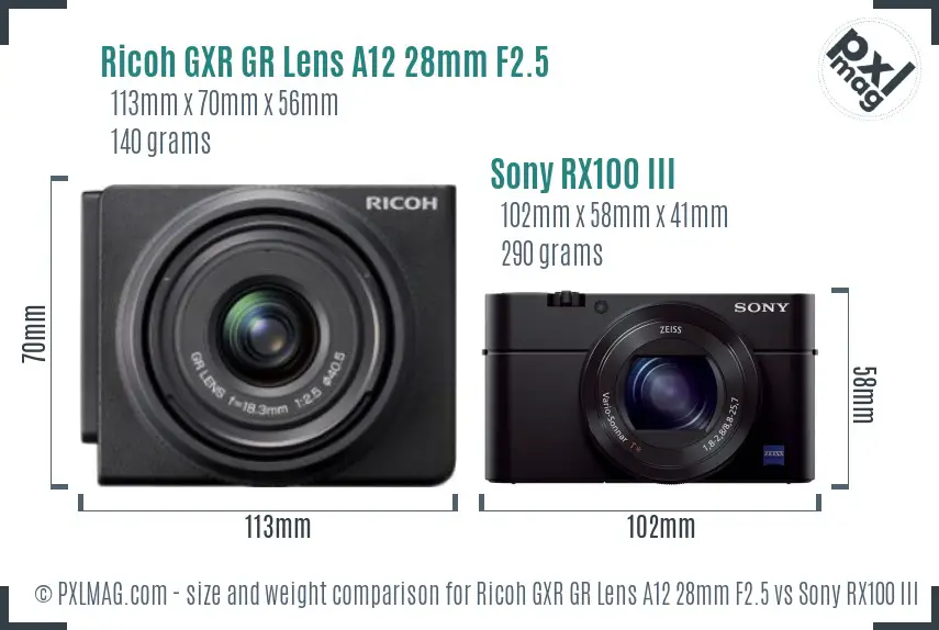 Ricoh GXR GR Lens A12 28mm F2.5 vs Sony RX100 III size comparison