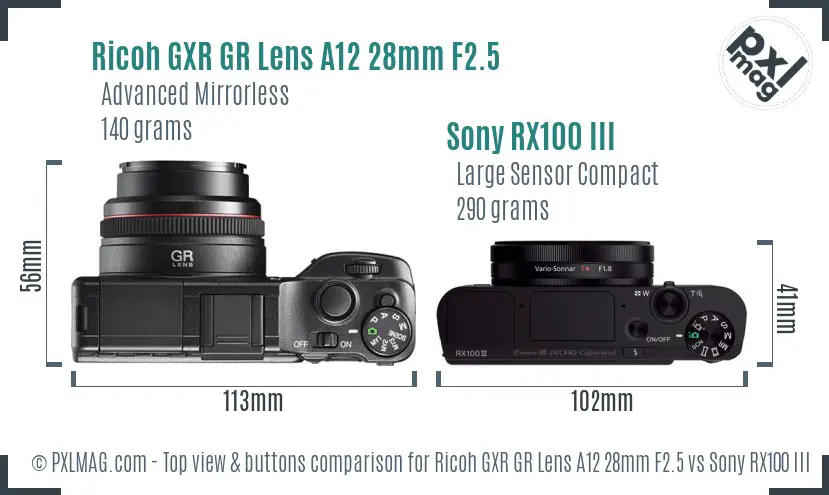 Ricoh GXR GR Lens A12 28mm F2.5 vs Sony RX100 III top view buttons comparison