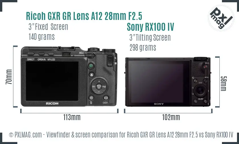 Ricoh GXR GR Lens A12 28mm F2.5 vs Sony RX100 IV Screen and Viewfinder comparison