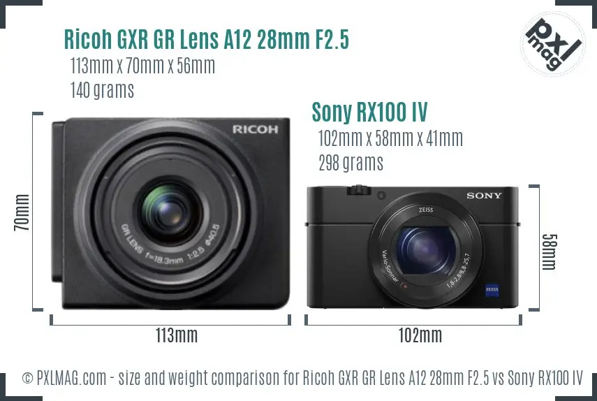 Ricoh GXR GR Lens A12 28mm F2.5 vs Sony RX100 IV size comparison