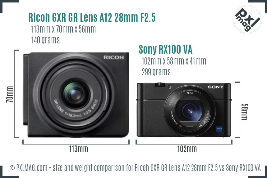 Ricoh GXR GR Lens A12 28mm F2.5 vs Sony RX100 VA size comparison