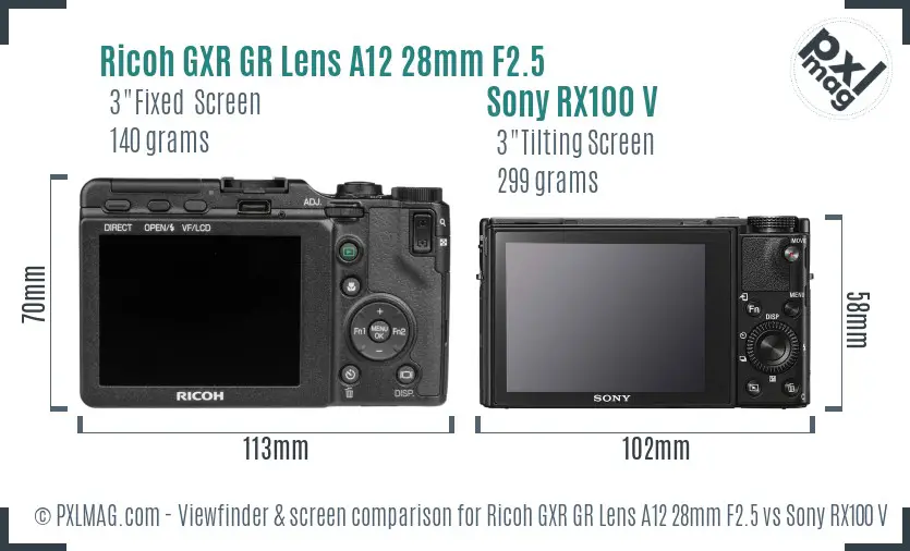 Ricoh GXR GR Lens A12 28mm F2.5 vs Sony RX100 V Screen and Viewfinder comparison