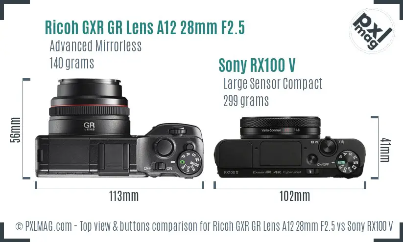 Ricoh GXR GR Lens A12 28mm F2.5 vs Sony RX100 V top view buttons comparison