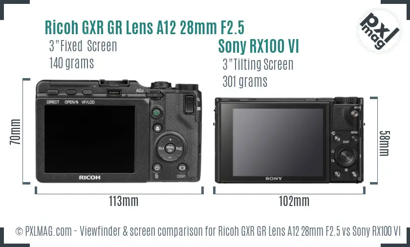 Ricoh GXR GR Lens A12 28mm F2.5 vs Sony RX100 VI Screen and Viewfinder comparison
