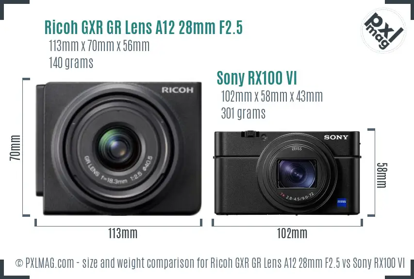 Ricoh GXR GR Lens A12 28mm F2.5 vs Sony RX100 VI size comparison