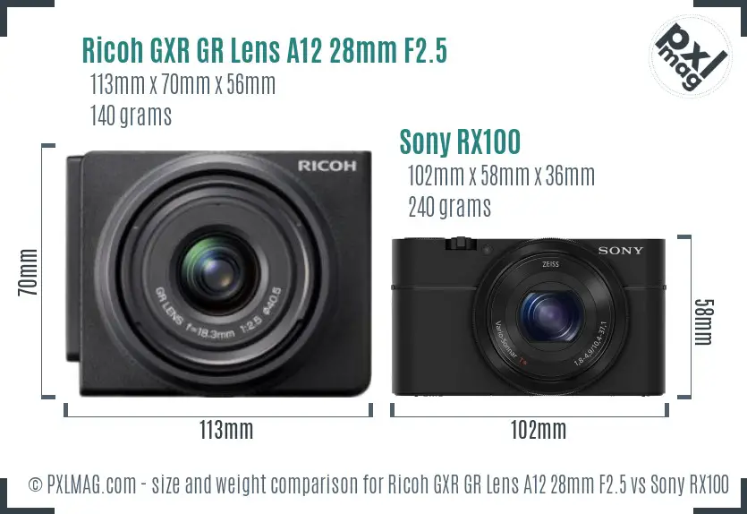 Ricoh GXR GR Lens A12 28mm F2.5 vs Sony RX100 size comparison