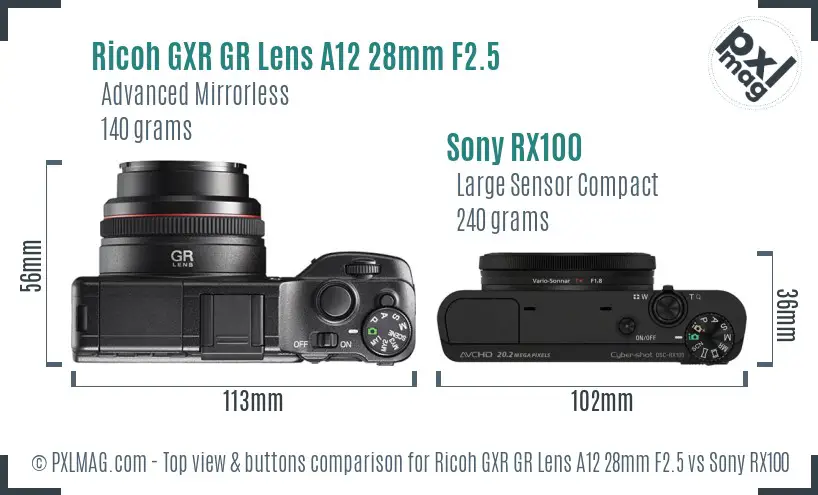 Ricoh GXR GR Lens A12 28mm F2.5 vs Sony RX100 top view buttons comparison