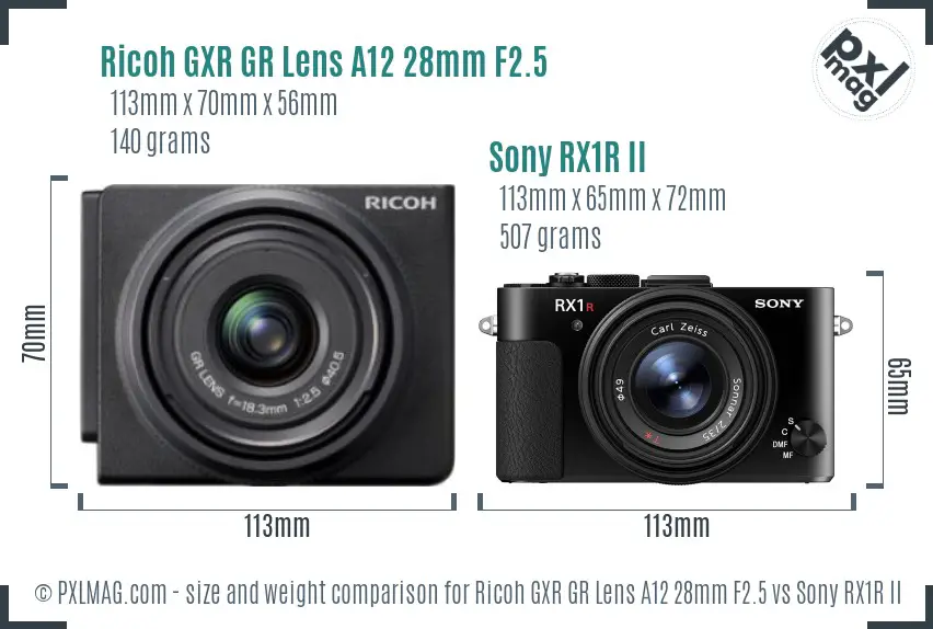 Ricoh GXR GR Lens A12 28mm F2.5 vs Sony RX1R II size comparison