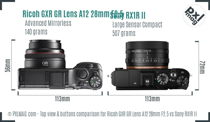 Ricoh GXR GR Lens A12 28mm F2.5 vs Sony RX1R II top view buttons comparison