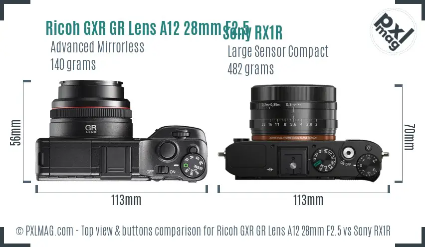 Ricoh GXR GR Lens A12 28mm F2.5 vs Sony RX1R top view buttons comparison