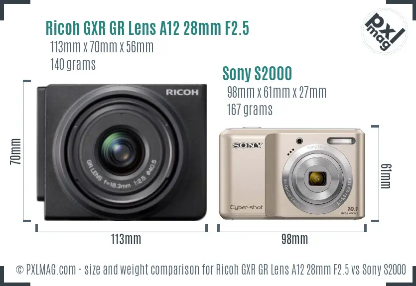 Ricoh GXR GR Lens A12 28mm F2.5 vs Sony S2000 size comparison