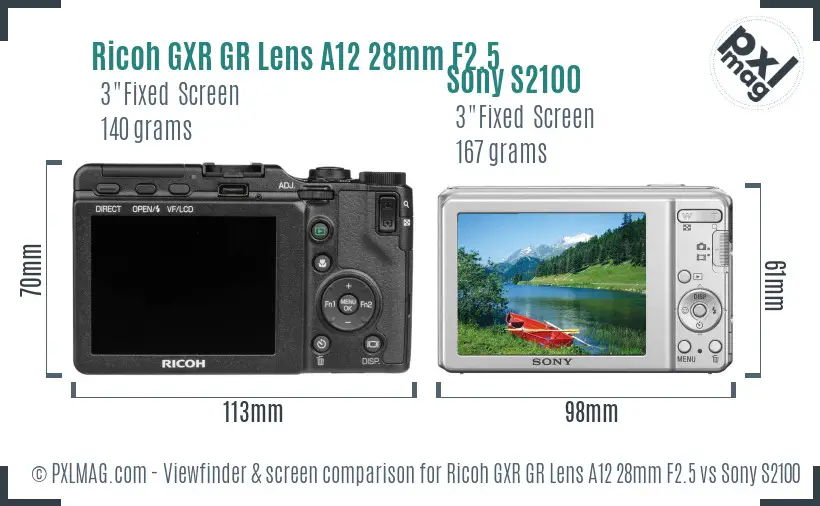 Ricoh GXR GR Lens A12 28mm F2.5 vs Sony S2100 Screen and Viewfinder comparison