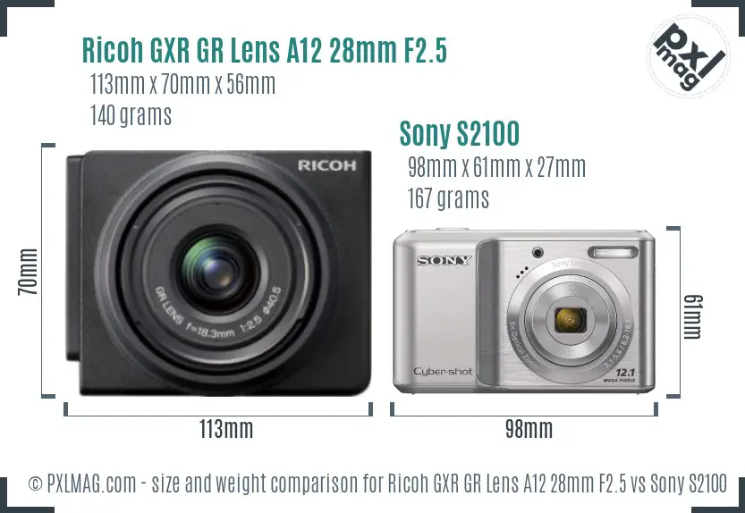 Ricoh GXR GR Lens A12 28mm F2.5 vs Sony S2100 size comparison