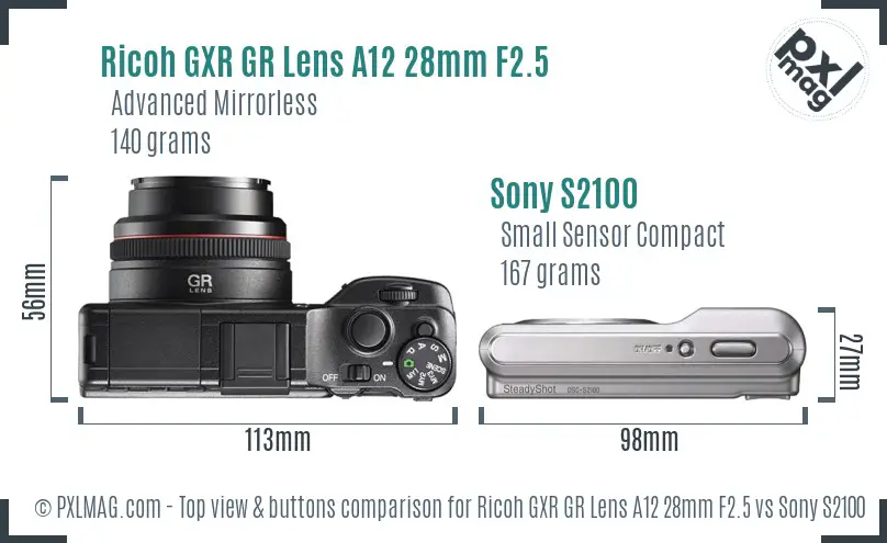 Ricoh GXR GR Lens A12 28mm F2.5 vs Sony S2100 top view buttons comparison