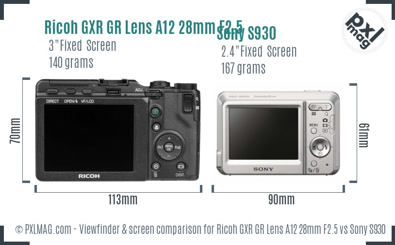 Ricoh GXR GR Lens A12 28mm F2.5 vs Sony S930 Screen and Viewfinder comparison