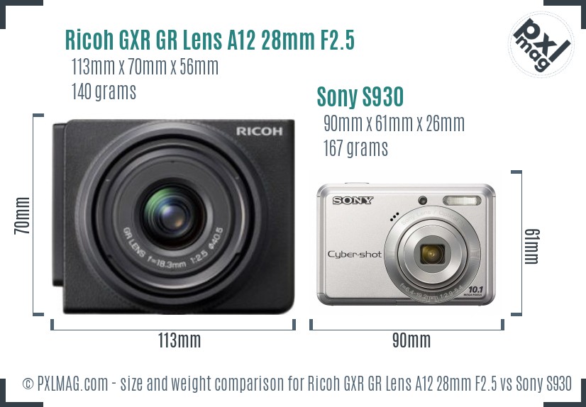 Ricoh GXR GR Lens A12 28mm F2.5 vs Sony S930 size comparison