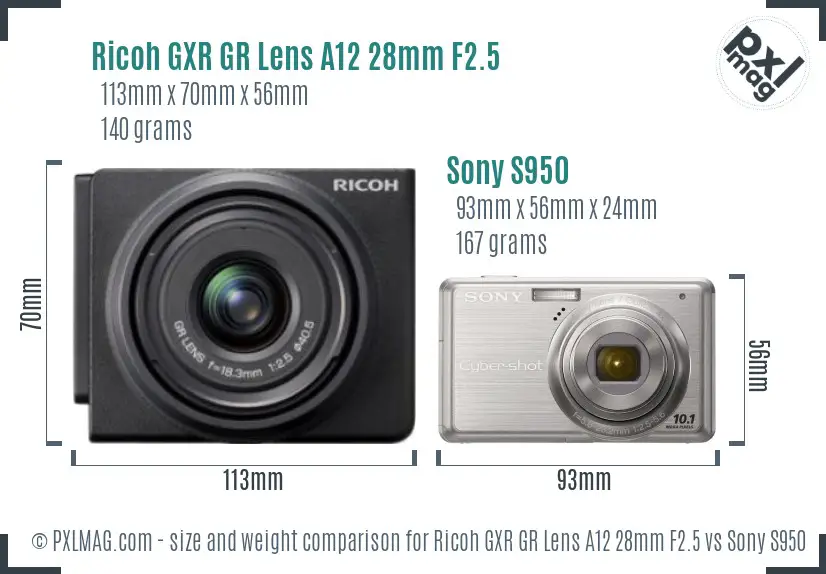 Ricoh GXR GR Lens A12 28mm F2.5 vs Sony S950 size comparison