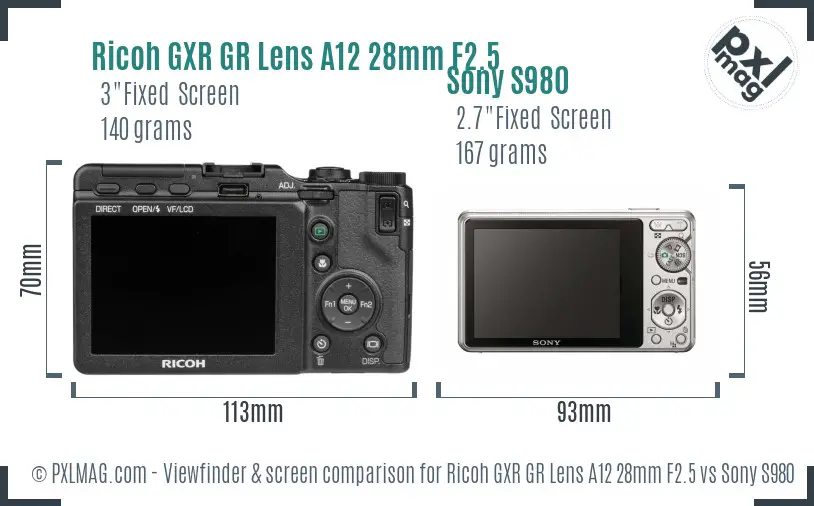 Ricoh GXR GR Lens A12 28mm F2.5 vs Sony S980 Screen and Viewfinder comparison