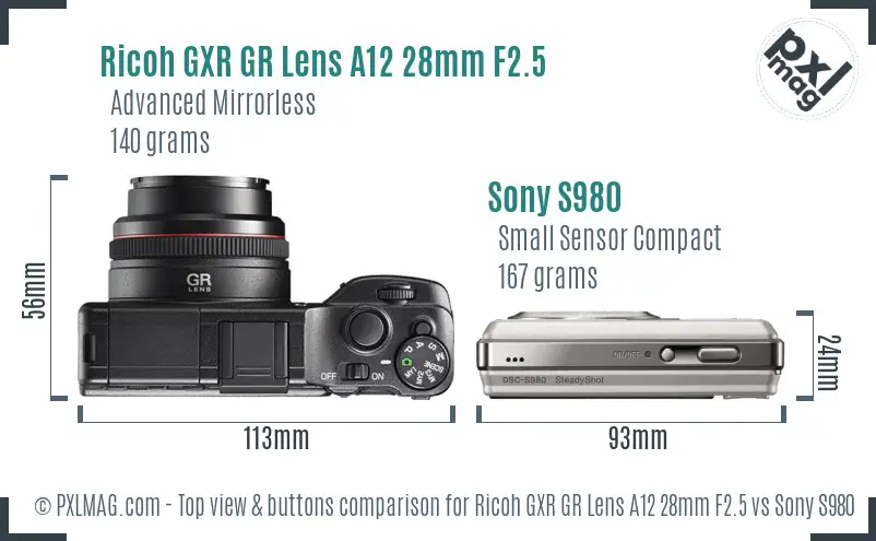 Ricoh GXR GR Lens A12 28mm F2.5 vs Sony S980 top view buttons comparison