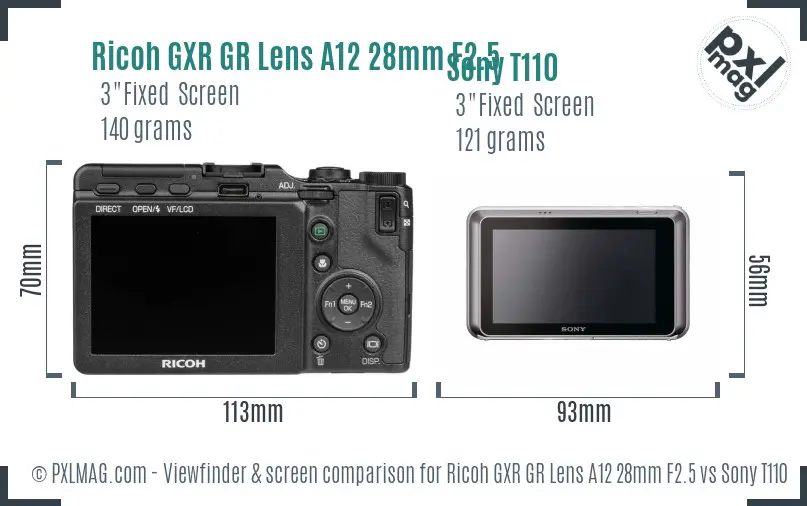 Ricoh GXR GR Lens A12 28mm F2.5 vs Sony T110 Screen and Viewfinder comparison