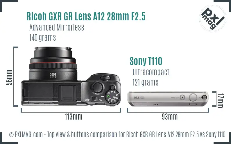 Ricoh GXR GR Lens A12 28mm F2.5 vs Sony T110 top view buttons comparison