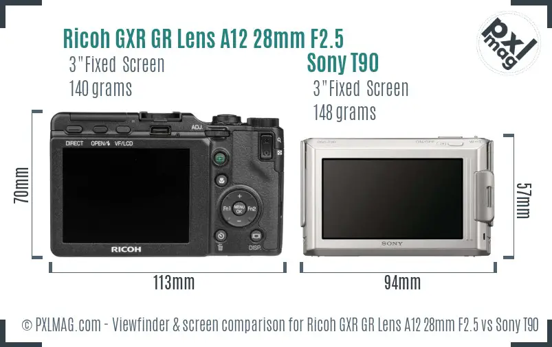 Ricoh GXR GR Lens A12 28mm F2.5 vs Sony T90 Screen and Viewfinder comparison