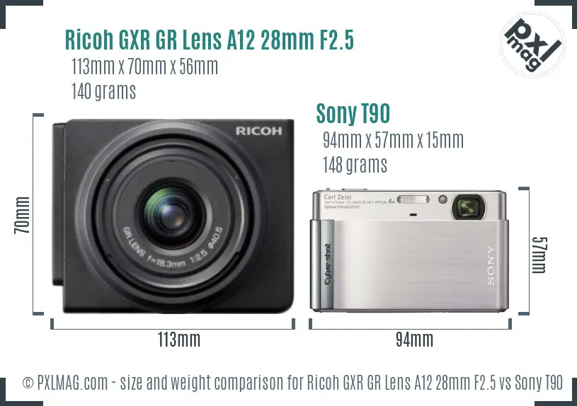 Ricoh GXR GR Lens A12 28mm F2.5 vs Sony T90 size comparison