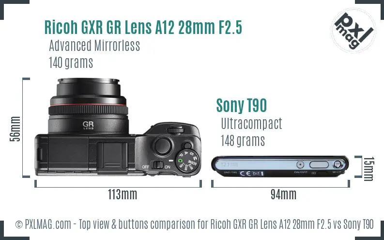 Ricoh GXR GR Lens A12 28mm F2.5 vs Sony T90 top view buttons comparison