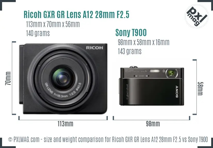 Ricoh GXR GR Lens A12 28mm F2.5 vs Sony T900 size comparison