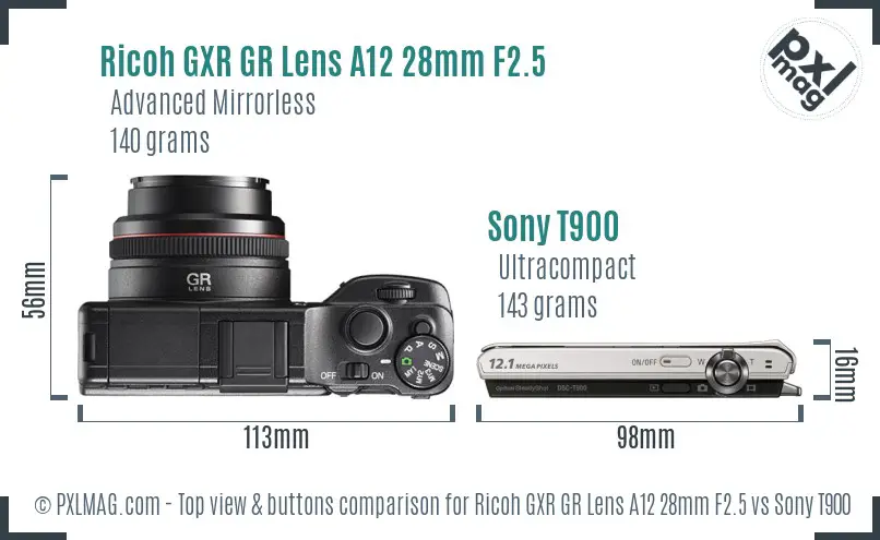 Ricoh GXR GR Lens A12 28mm F2.5 vs Sony T900 top view buttons comparison