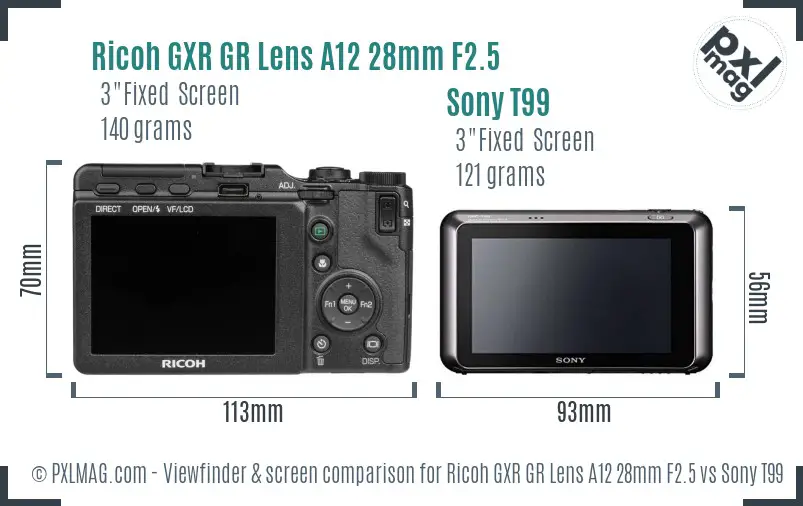 Ricoh GXR GR Lens A12 28mm F2.5 vs Sony T99 Screen and Viewfinder comparison