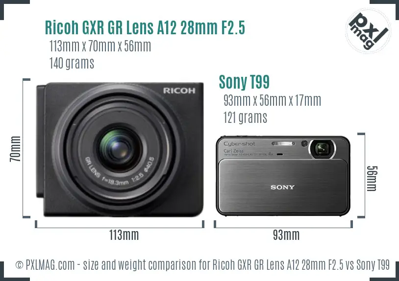 Ricoh GXR GR Lens A12 28mm F2.5 vs Sony T99 size comparison