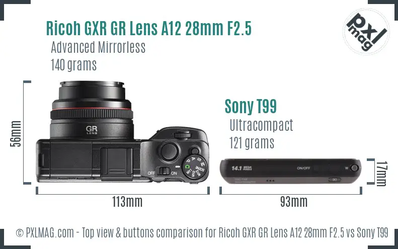 Ricoh GXR GR Lens A12 28mm F2.5 vs Sony T99 top view buttons comparison