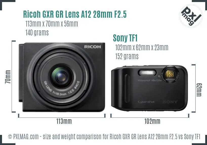 Ricoh GXR GR Lens A12 28mm F2.5 vs Sony TF1 size comparison
